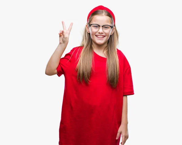 Menina Bonita Nova Vestindo Óculos Sobre Fundo Isolado Mostrando Apontando — Fotografia de Stock