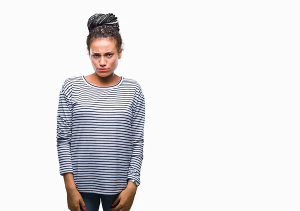 Joven Trenzado Cabello Afroamericano Chica Usando Suéter Sobre Fondo Aislado —  Fotos de Stock