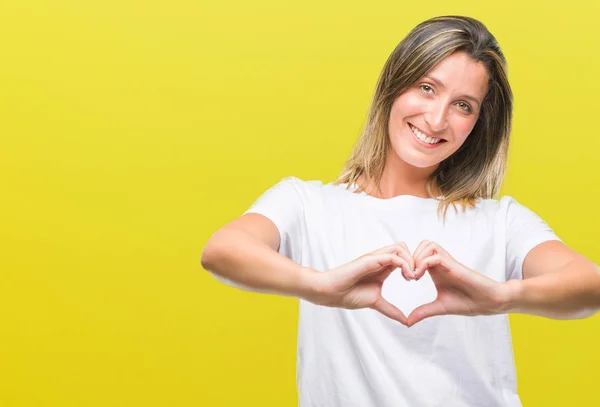 Jovem Bela Mulher Sobre Fundo Isolado Sorrindo Amor Mostrando Símbolo — Fotografia de Stock