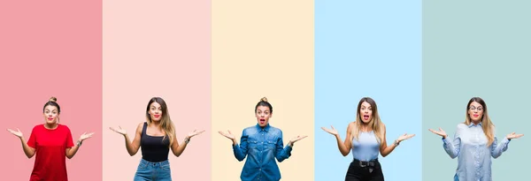 Collage Young Beautiful Woman Colorful Stripes Isolated Background Clueless Confused — Stock Photo, Image