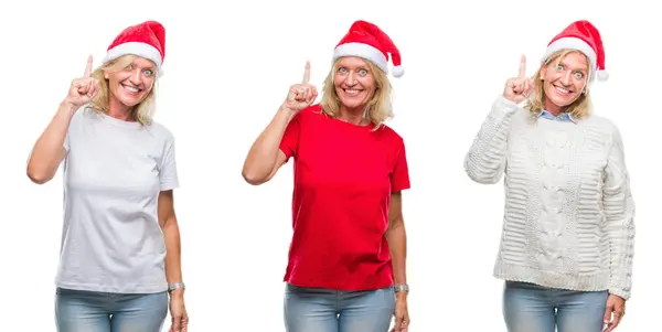 Collage Beautiful Middle Age Blonde Woman Wearing Christmas Hat White — Stock Photo, Image