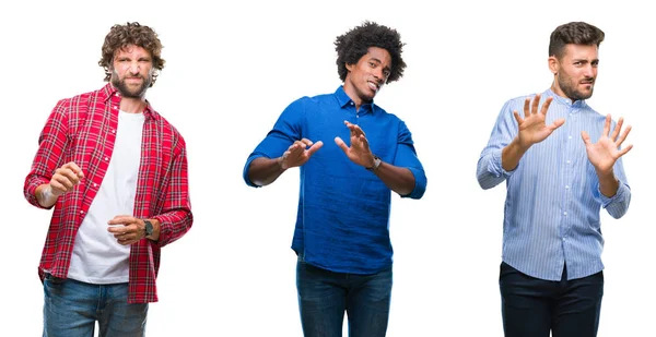 Collage Grupp Afroamerikanska Och Spansktalande Män Över Isolerade Bakgrund Äcklade — Stockfoto