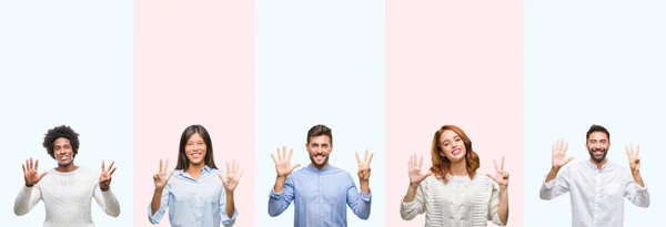 Коллаж Группы Молодых Людей Красочном Изолированном Фоне Показывающий Указывающий Пальцами — стоковое фото