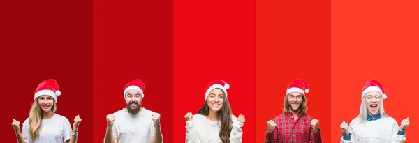 Collage Grupo Jóvenes Con Sombrero Crisma Sobre Fondo Aislado Celebrando — Foto de Stock