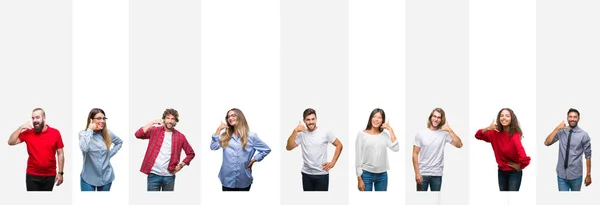 Collage Diverse Etnie Giovani Strisce Bianche Sfondo Isolato Sorridente Facendo — Foto Stock