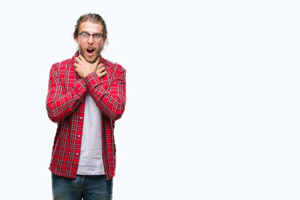 Young Handsome Man Long Hair Wearing Glasses Isolated Background Shouting — Stock Photo, Image