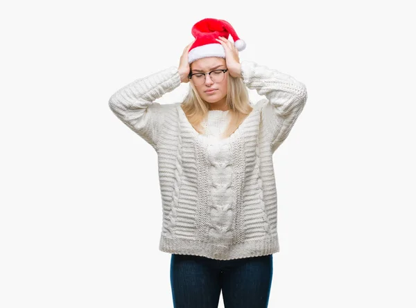 Mulher Caucasiana Jovem Usando Chapéu Natal Sobre Fundo Isolado Sofrendo — Fotografia de Stock