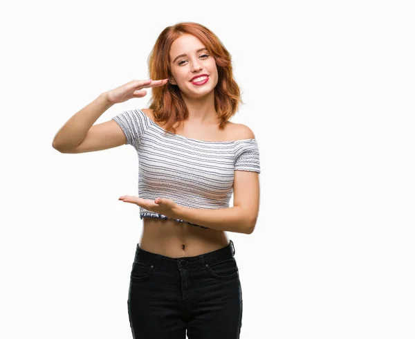 Young Beautiful Woman Isolated Background Gesturing Hands Showing Big Large — Stock Photo, Image