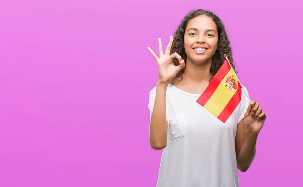 Young Hispanic Woman Holding Flag Spain Doing Sign Fingers Excellent — Stock Photo, Image