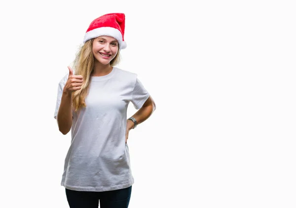 Jonge Mooie Blonde Vrouw Kerstmuts Dragen Geïsoleerde Achtergrond Gelukkig Duimschroef — Stockfoto