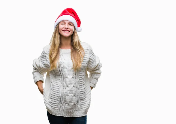 Jeune Belle Femme Blonde Portant Chapeau Noël Sur Fond Isolé — Photo