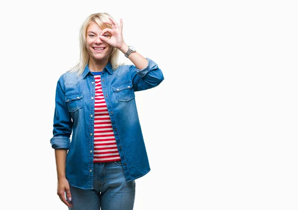 Junge Schöne Blonde Frau Trägt Jeansjacke Über Isoliertem Hintergrund Tut — Stockfoto