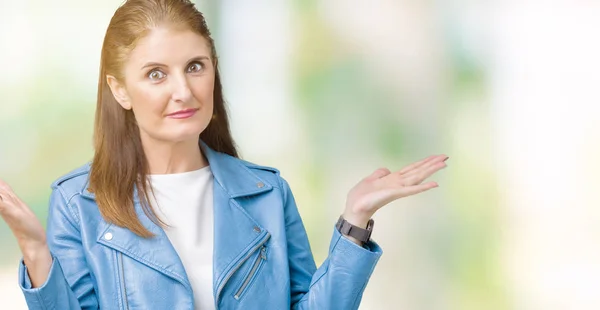 Beautiful Middle Age Mature Woman Wearing Fashion Leather Jacket Isolated — Stock Photo, Image