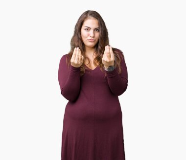 Güzel ve çekici maaş ödeme için milyoner iş soran arka plan yapıyor para hareketi el ile üzerinden bir elbise giyen genç kadın izole boyutu artı