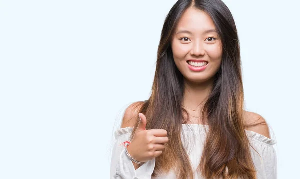 Young Asian Woman Isolated Background Doing Happy Thumbs Gesture Hand — Stock Photo, Image