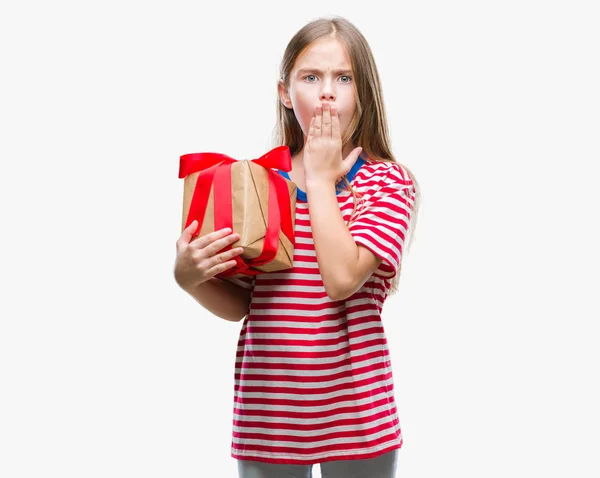 Young Beautiful Girl Giving Christmas Valentine Gift Isolated Background Cover — Stock Photo, Image