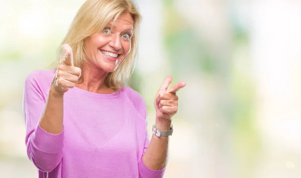 Middle Age Blonde Woman Isolated Background Pointing Fingers Camera Happy — Stock Photo, Image