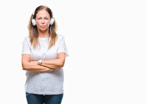 Hispanische Frau Mittleren Alters Hört Musik Mit Kopfhörern Über Isoliertem — Stockfoto