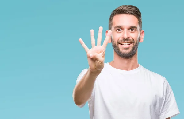 Jonge Knappe Man Geïsoleerde Achtergrond Weergeven Met Vingers Omhoog Nummer — Stockfoto