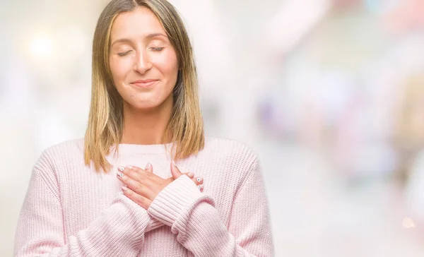 Young Beautiful Woman Wearing Winter Sweater Isolated Background Smiling Hands — Stock Photo, Image