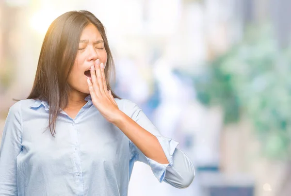 Young Asian Business Woman Isolated Background Bored Yawning Tired Covering — Stock Photo, Image