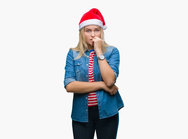 Giovane Donna Caucasica Indossa Cappello Natale Sfondo Isolato Cercando Stressato — Foto Stock