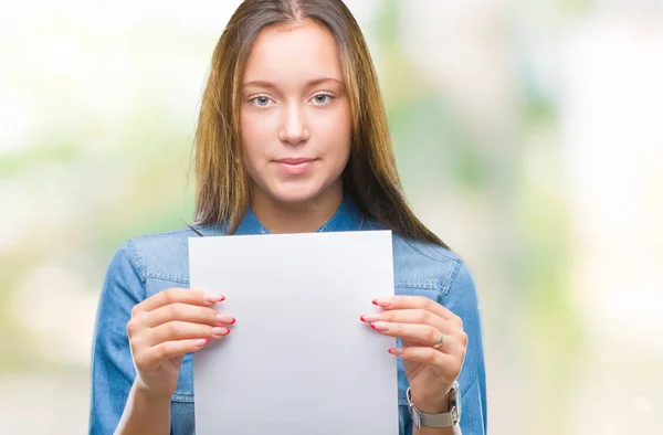 Young Caucasian Woman Holding Blank Paper Sheet Isolated Background Confident — Stock Photo, Image