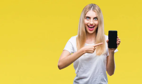 Young Beautiful Blonde Woman Showing Smartphone Isolated Background Very Happy — Stock Photo, Image