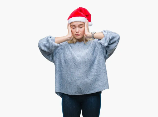 Jonge Kaukasische Vrouw Kerstmuts Dragen Geïsoleerde Achtergrond Lijden Hoofdpijn Wanhopig — Stockfoto