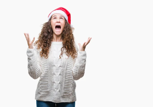 Junge Brünette Mädchen Mit Weihnachtsmütze Über Isoliertem Hintergrund Feiert Verrückt — Stockfoto