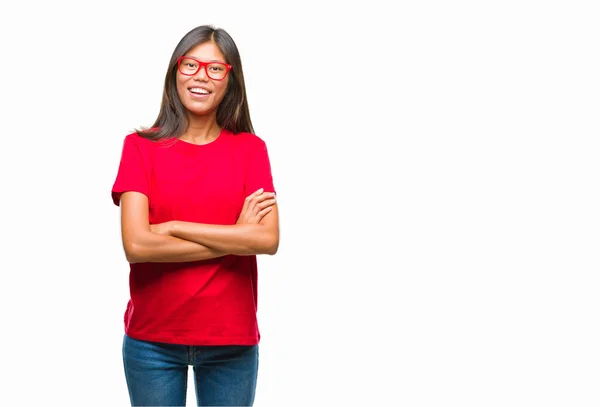 Joven Mujer Asiática Con Gafas Sobre Fondo Aislado Cara Feliz — Foto de Stock