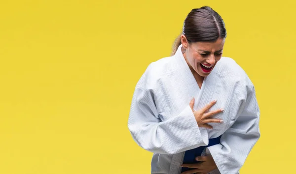 Jovem Mulher Bonita Vestindo Uniforme Kimono Karatê Sobre Fundo Isolado — Fotografia de Stock