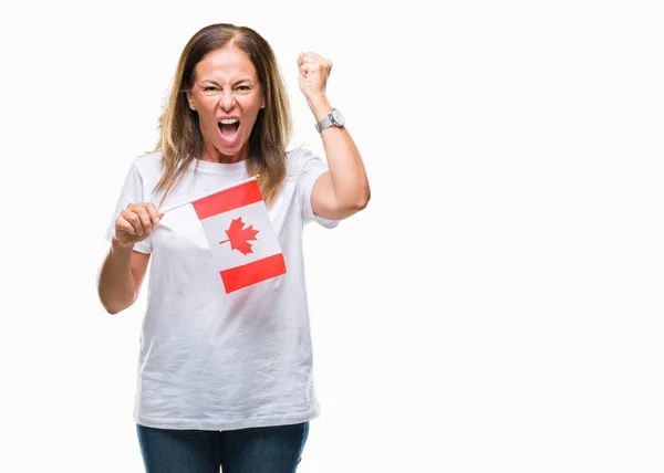 Hispanische Frau Mittleren Alters Mit Kanadafahne Vor Isoliertem Hintergrund Genervt — Stockfoto