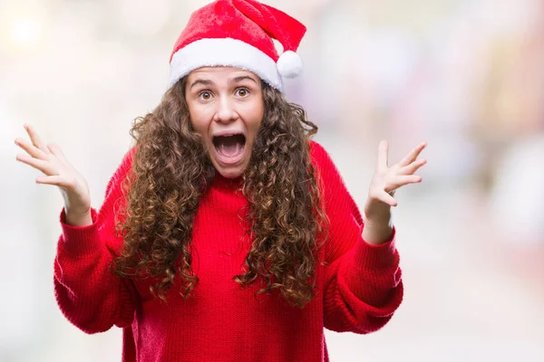 Menina Morena Jovem Usando Chapéu Natal Sobre Fundo Isolado Celebrando — Fotografia de Stock