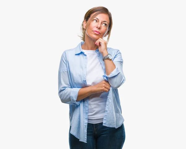 Middle Age Senior Hispanic Woman Isolated Background Hand Chin Thinking — Stock Photo, Image