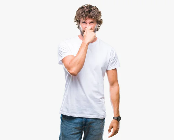 Handsome Hispanic Model Man Isolated Background Smelling Something Stinky Disgusting — Stock Photo, Image