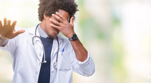 Afro American Doctor Man Isolated Background Covering Eyes Hands Doing — Stock Photo, Image