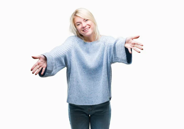 Young Beautiful Blonde Woman Wearing Winter Sweater Isolated Background Looking — Stock Photo, Image