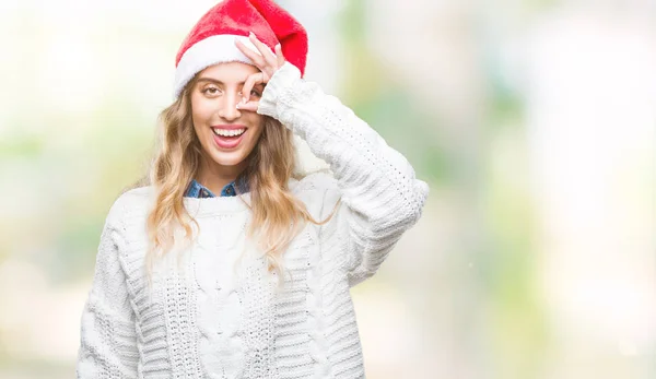 Hermosa Mujer Rubia Joven Con Sombrero Navidad Sobre Fondo Aislado — Foto de Stock