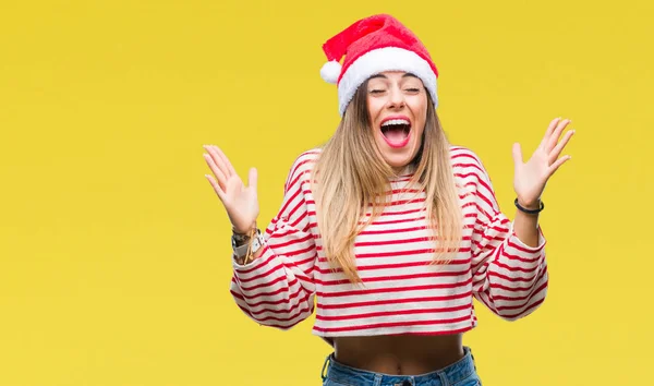 Mujer Hermosa Joven Con Sombrero Navidad Sobre Fondo Aislado Celebrando —  Fotos de Stock