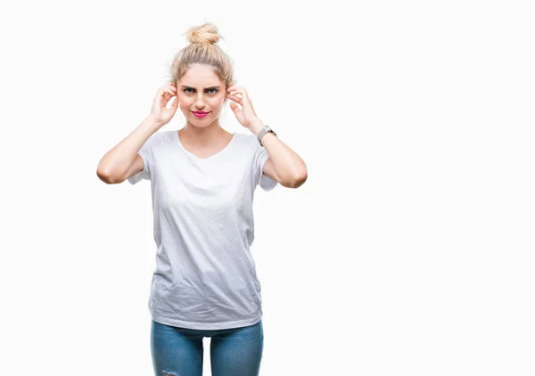 Young Beautiful Blonde Woman Wearing White Shirt Isolated Background Covering — Stock Photo, Image