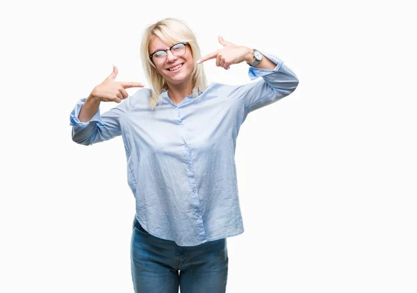 Young Beautiful Blonde Business Woman Wearing Glasses Isolated Background Smiling — Stock Photo, Image