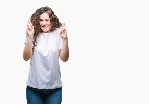Schöne Brünette Lockige Haare Junge Mädchen Lässigem Shirt Über Isoliertem — Stockfoto
