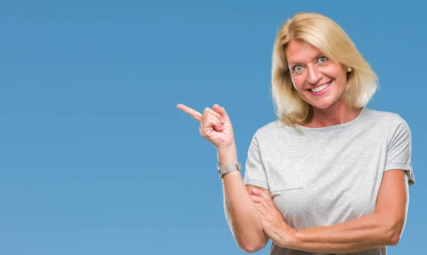 Middle Age Blonde Woman Isolated Background Big Smile Face Pointing — Stock Photo, Image