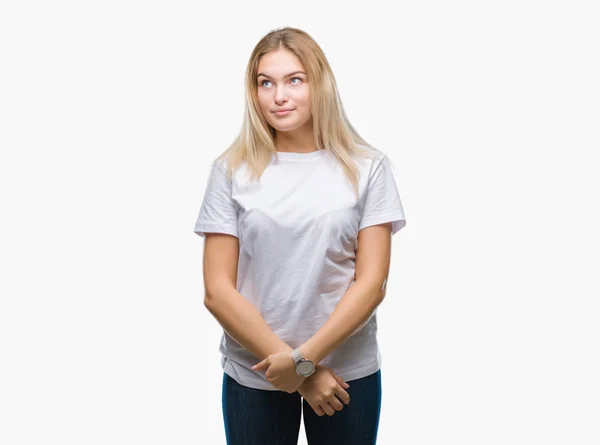 Joven Mujer Caucásica Sobre Fondo Aislado Sonriendo Mirando Lado Mirando — Foto de Stock