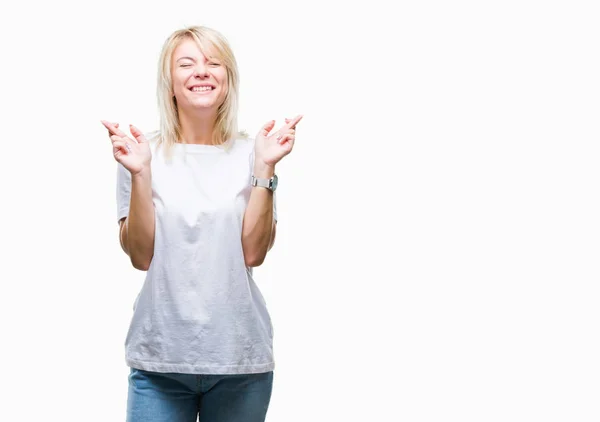 Giovane Bella Donna Bionda Indossa Shirt Bianca Sfondo Isolato Sorridente — Foto Stock