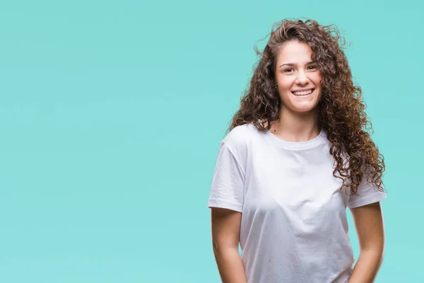 Mooie Brunette Krullend Haar Jong Meisje Dragen Casual Shirt Geïsoleerde — Stockfoto