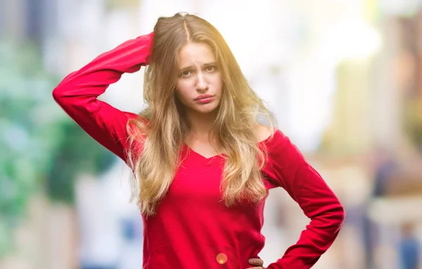 Joven Hermosa Mujer Rubia Con Suéter Rojo Sobre Fondo Aislado — Foto de Stock