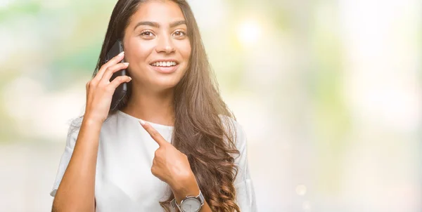 Young Beautiful Arab Woman Talking Phone Isolated Background Very Happy — Stock Photo, Image