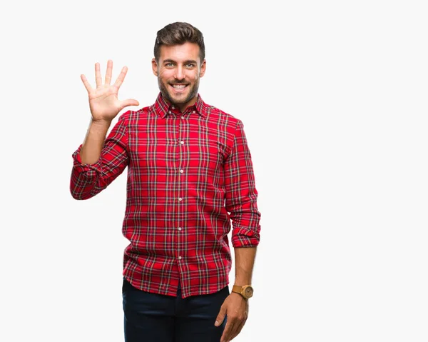 Jovem Homem Bonito Sobre Fundo Isolado Mostrando Apontando Para Cima — Fotografia de Stock